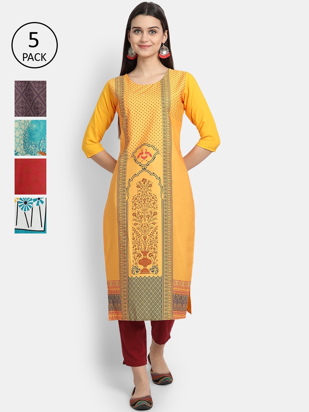 

Ethnic basket Women Yellow & Burgundy Ethnic Motifs Printed Crepe Kurta Pack Of 5