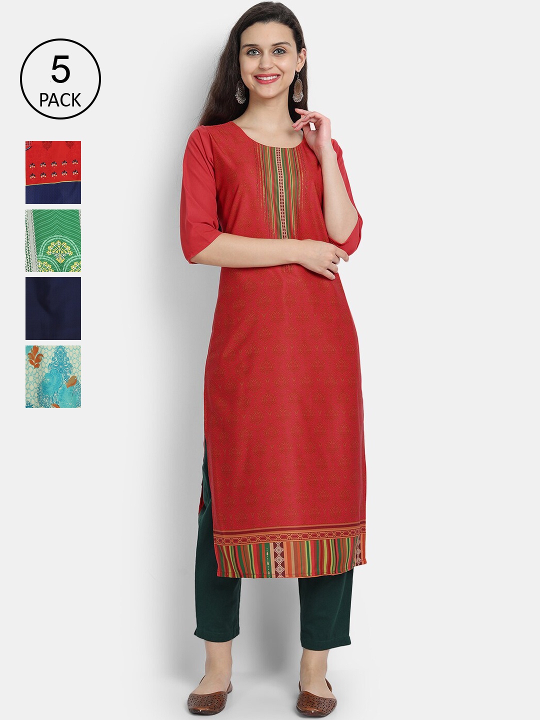 

Ethnic basket Women Red & Navy Blue Floral Printed Crepe Kurta Pack Of 5