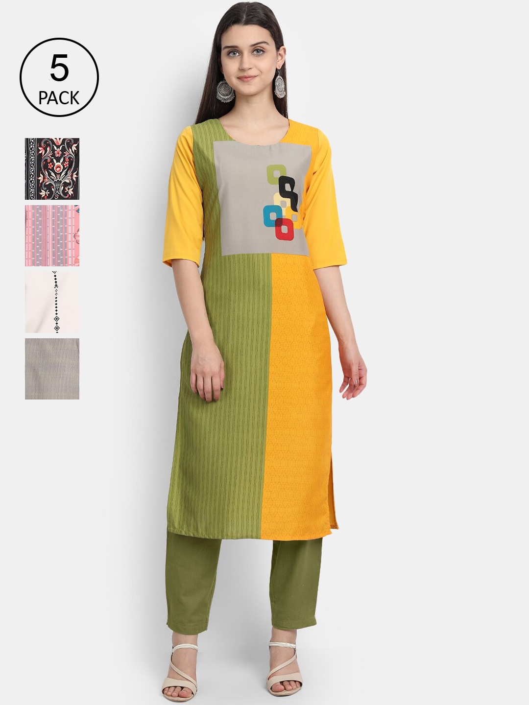 

Ethnic basket Women Yellow & Pink Printed Crepe Kurta Pack Of 5
