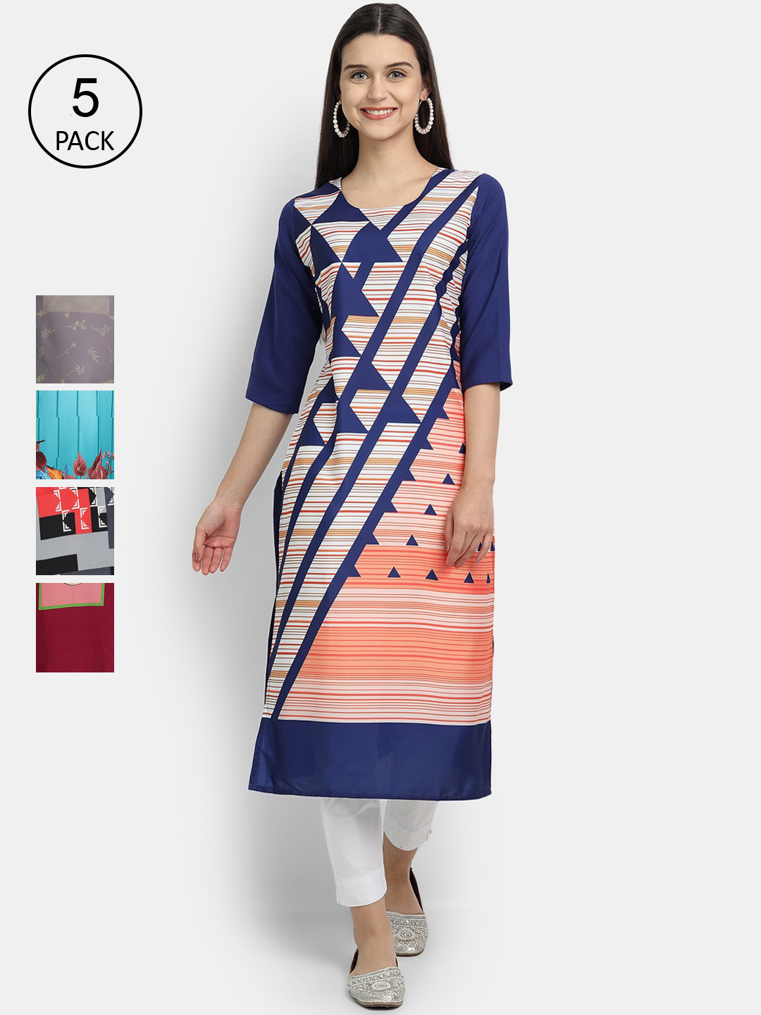 

Ethnic basket Women Pack of 5 Multicoloured Geometric Printed Crepe Kurtas, Multi