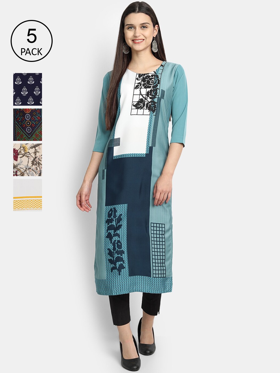 

Ethnic basket Women Pack Of 5 Blue & White Floral Printed Crepe Kurta
