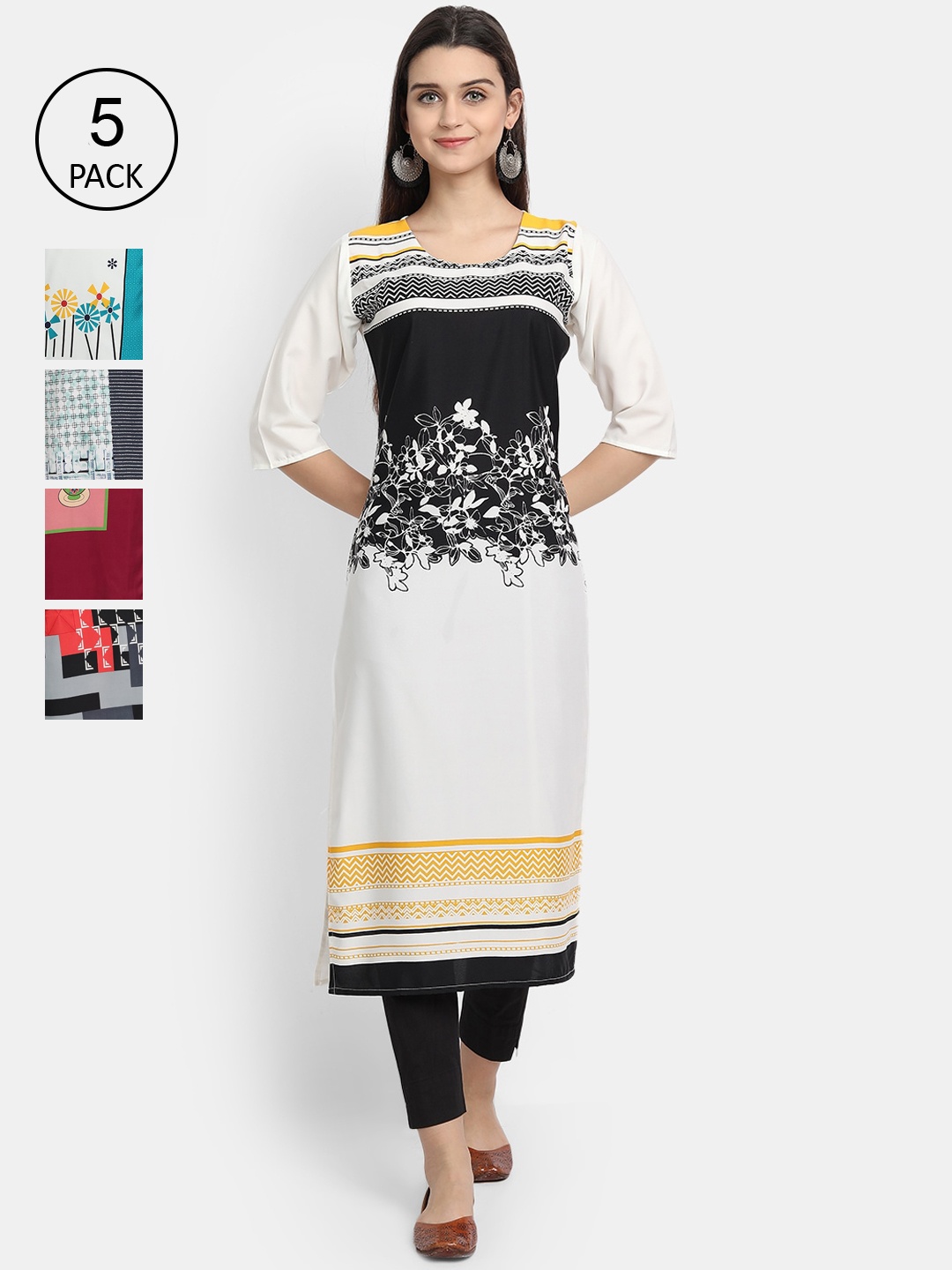 

Ethnic basket Women White & Teal Printed Crepe Kurta Pack Of 5