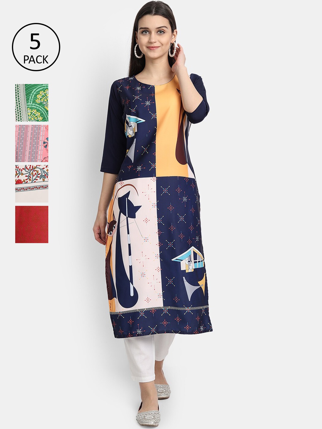 

Ethnic basket Women Pack Of 5 Digital Printed Crepe Kurta, Blue