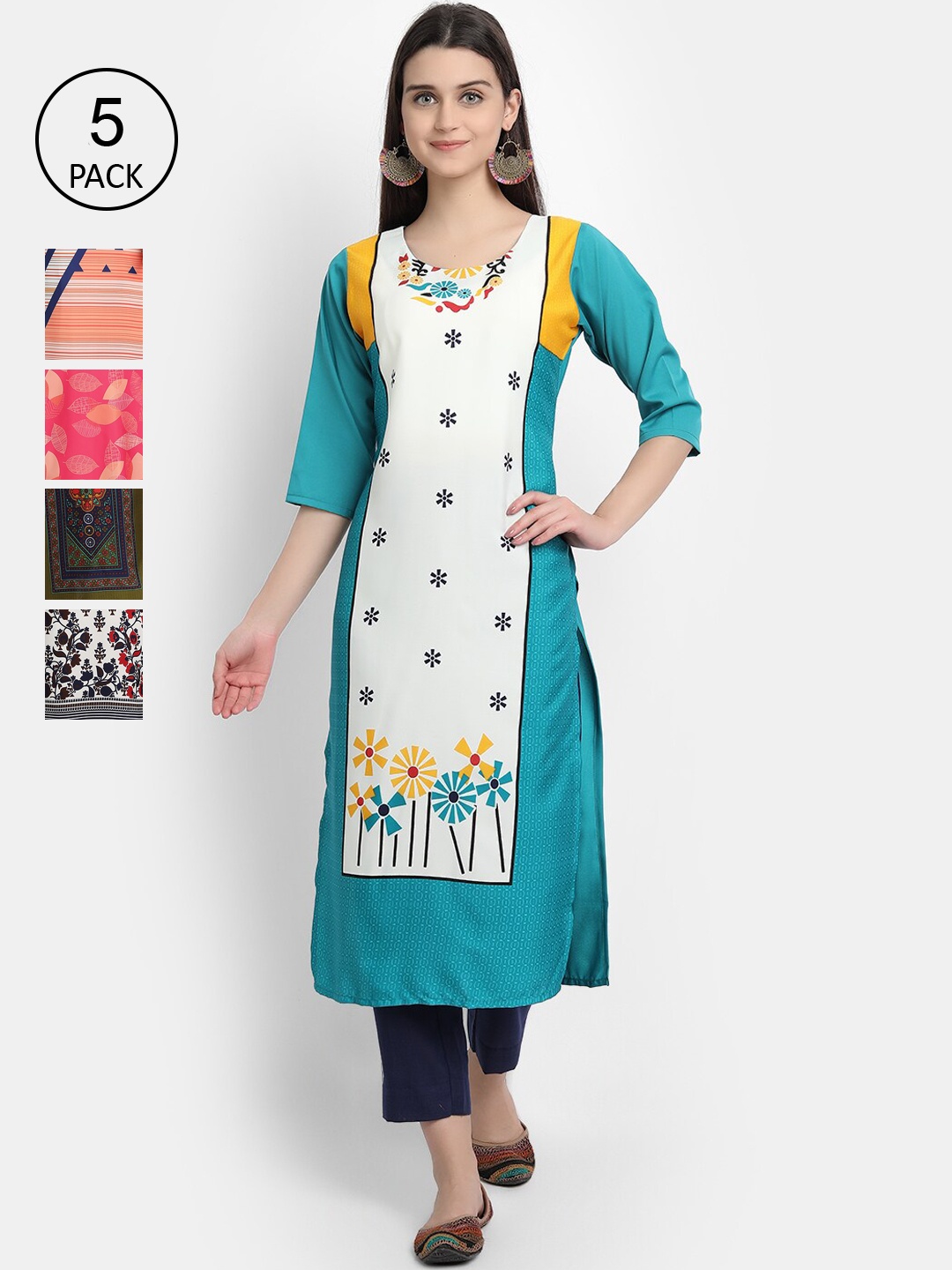 

Ethnic basket Women Pack of 5 Multicoloured Ethnic Motifs Printed Crepe Kurtas, Multi