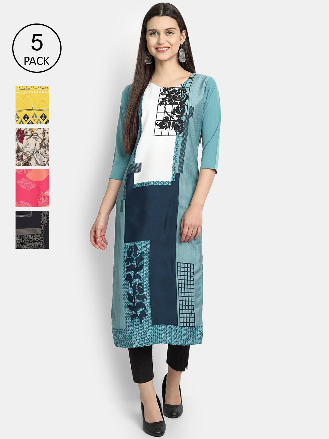 

Ethnic basket Women Teal & Pink Ethnic Motifs Printed Crepe Kurta Pack Of 5
