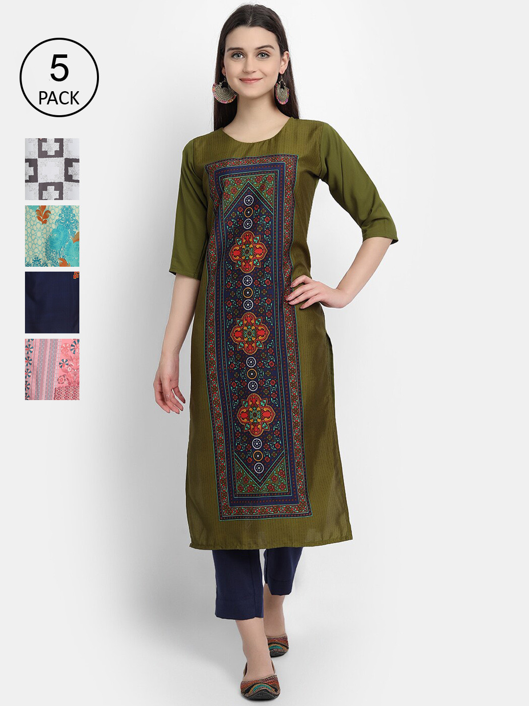 

Ethnic basket Women Pack Of 5 Digital Printed Crepe Kurta, Green