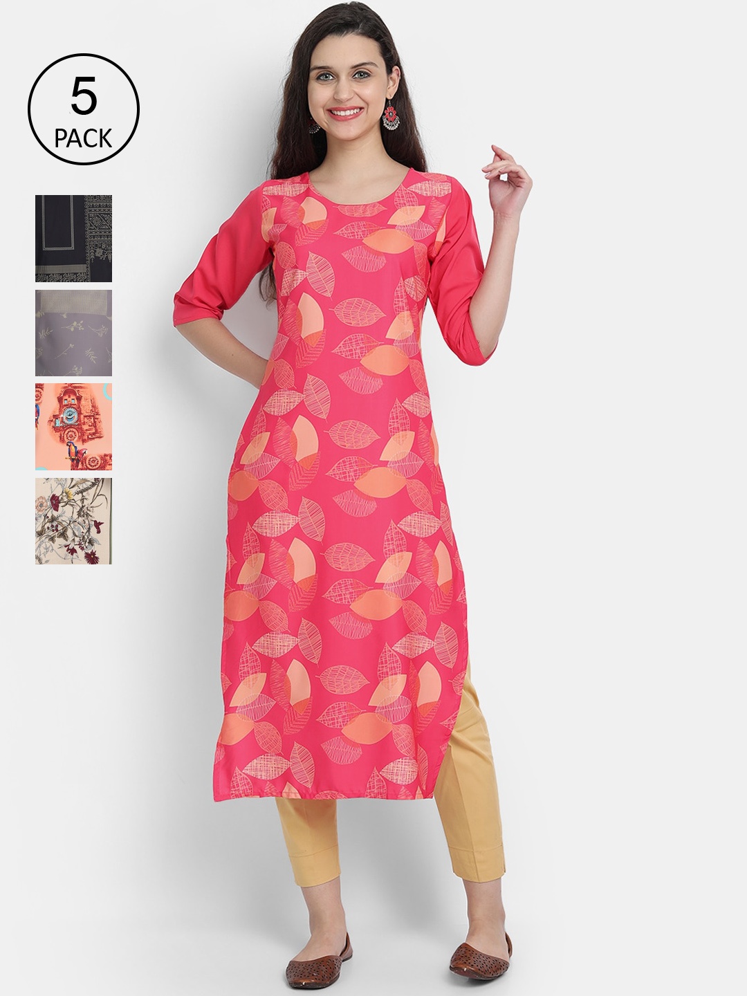 

Ethnic basket Women Peach-Coloured & Grey Floral Printed Crepe Kurta Pack Of 5
