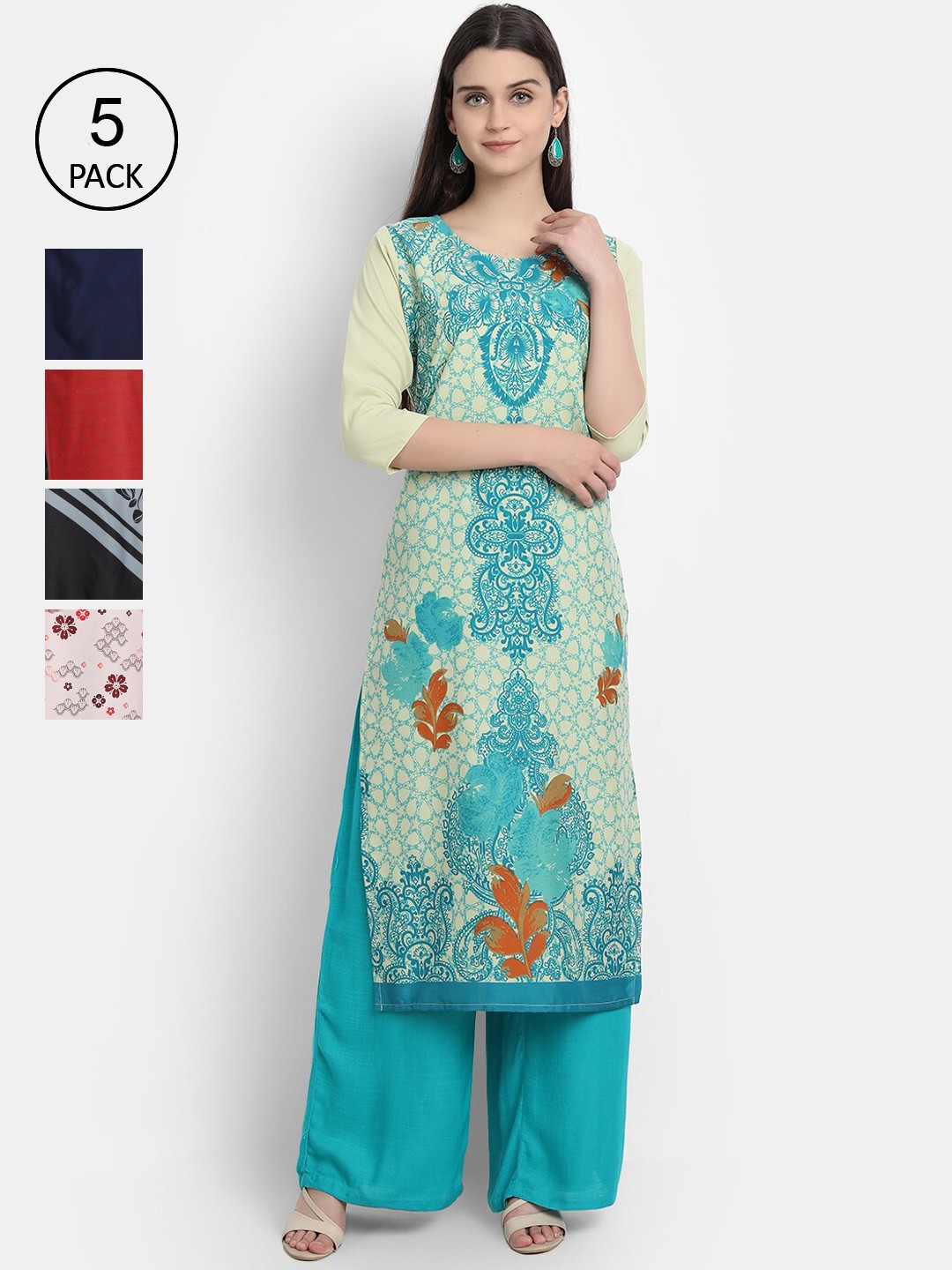 

Ethnic basket Women Pack Of 5 Digital Printed Crepe Kurta, Navy blue