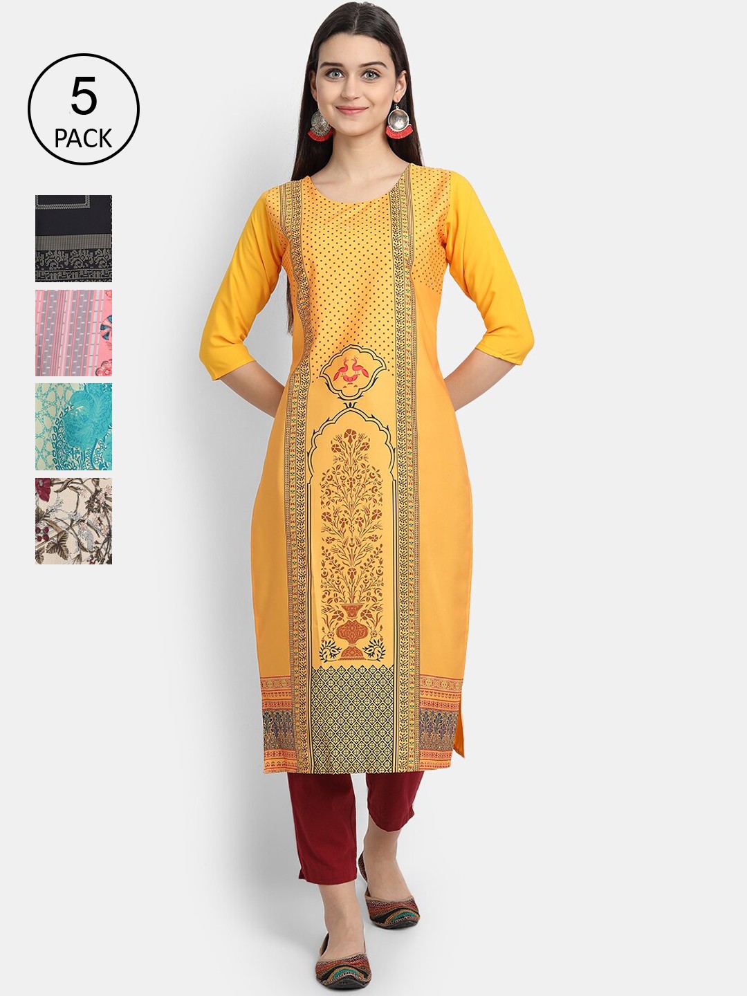 

Ethnic basket Women Pack of 5 Yellow & Black Geometric Printed Crepe Kurtas