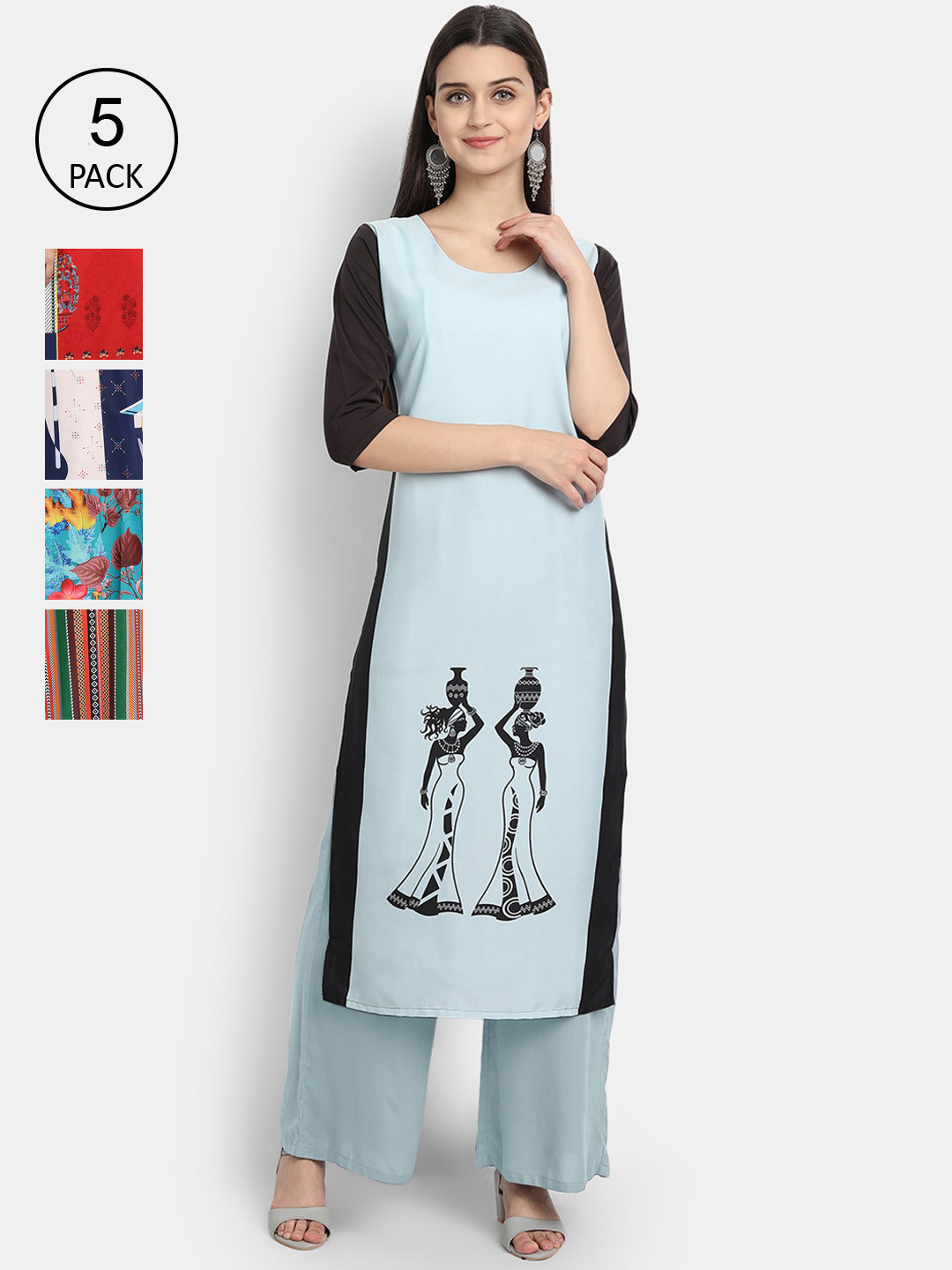 

Ethnic basket Women Set Of 5 Blue & Green Ethnic Motifs Printed Crepe Kurta