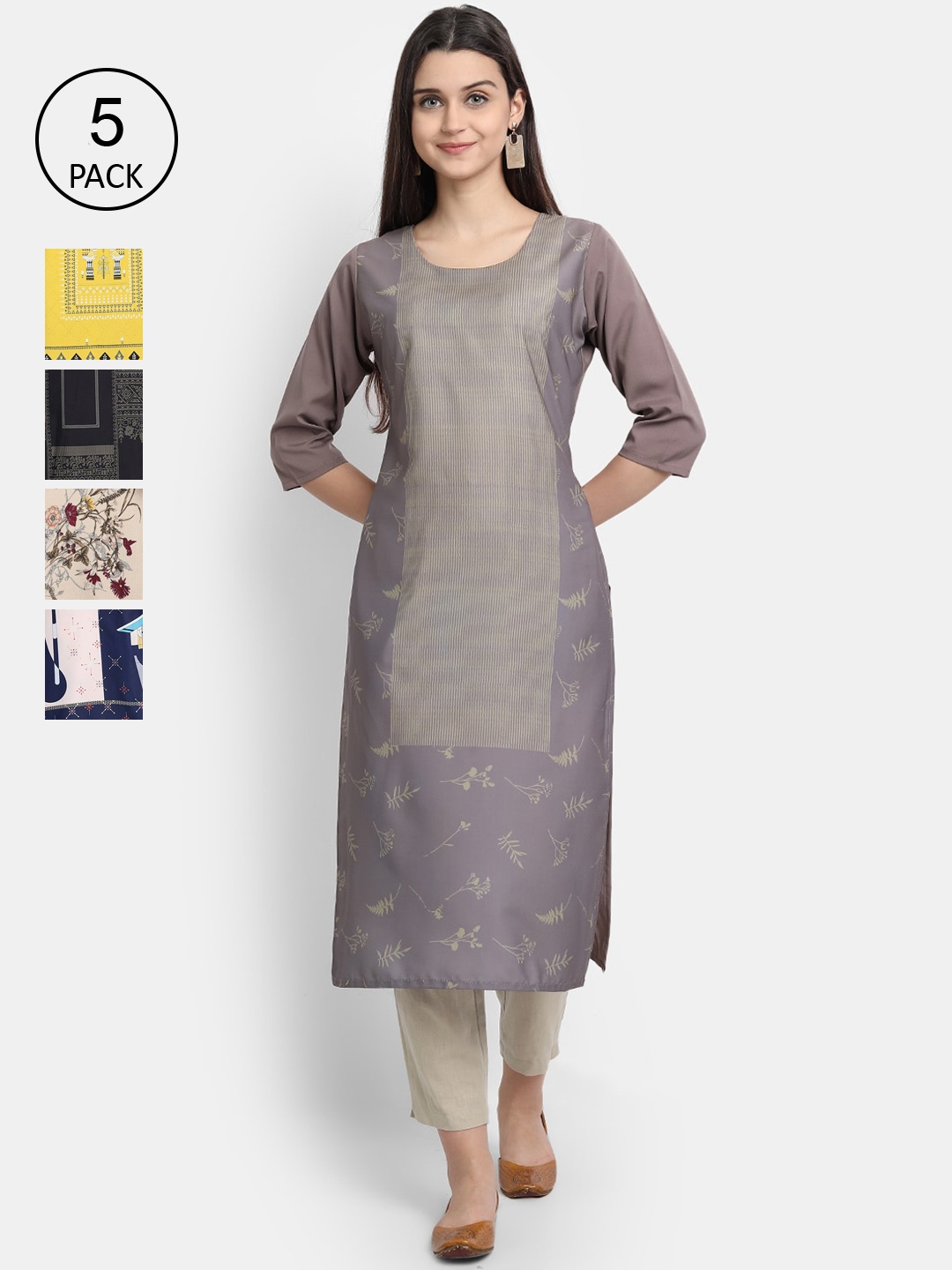 

Ethnic basket Women Set Of 5 Grey & Yellow Ethnic Motifs Printed Crepe Kurta