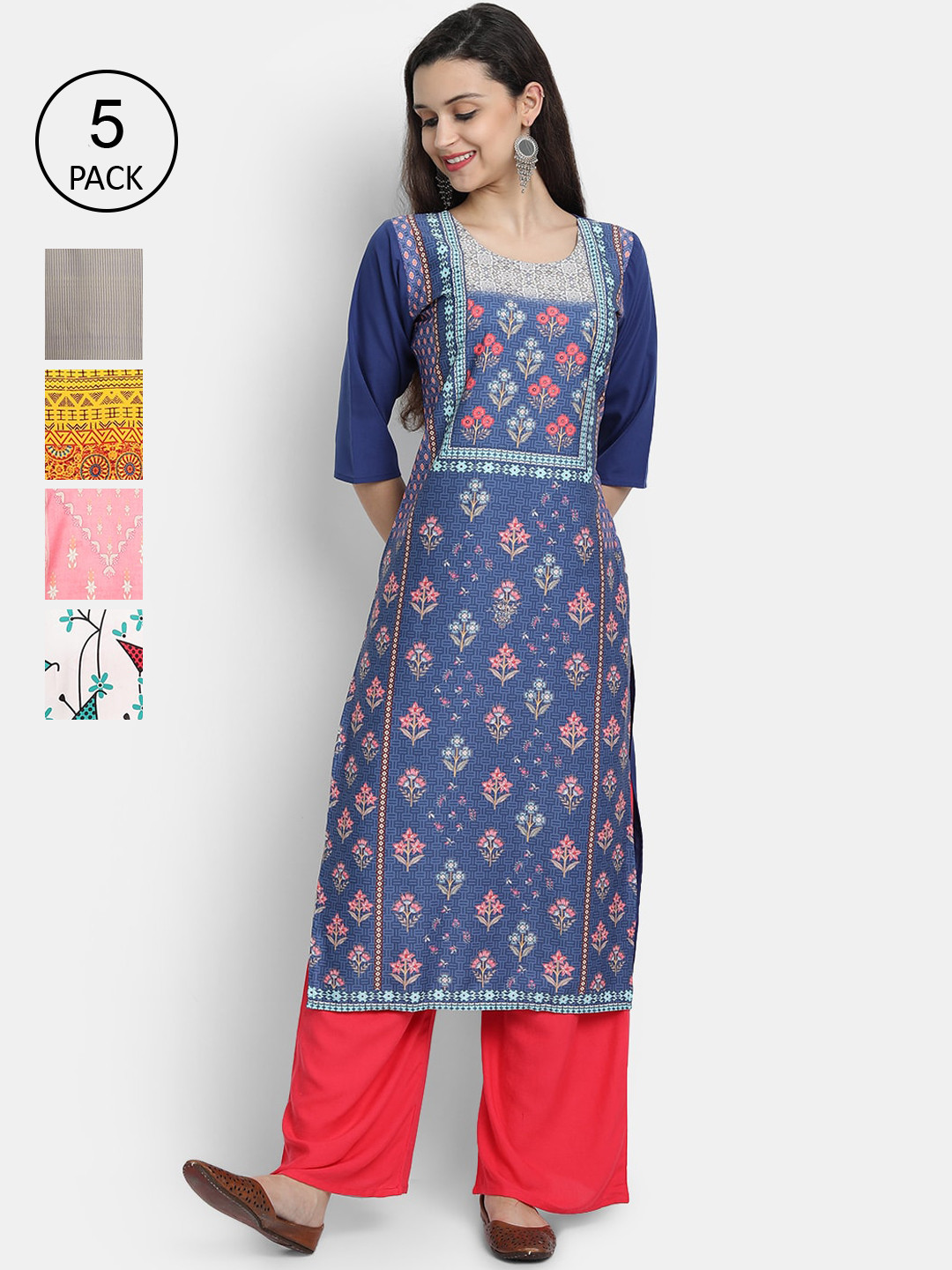 

Ethnic basket Women Pack Of 5 Floral Printed Crepe Kurta, Blue