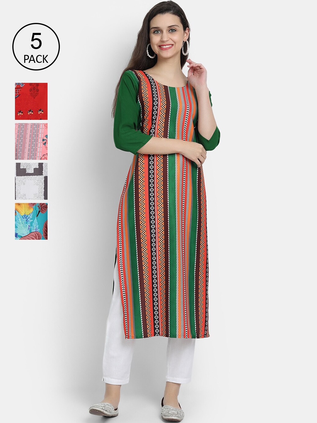 

Ethnic basket Women Pack of 5 Multicoloured Geometric Printed Crepe Kurtas, Multi