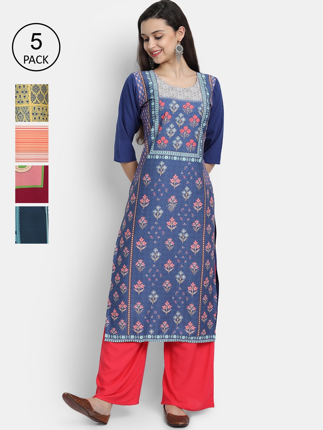 

Ethnic basket Women Pack of 5 Multicoloured Ethnic Motifs Printed Thread Work Crepe Kurtas, Multi