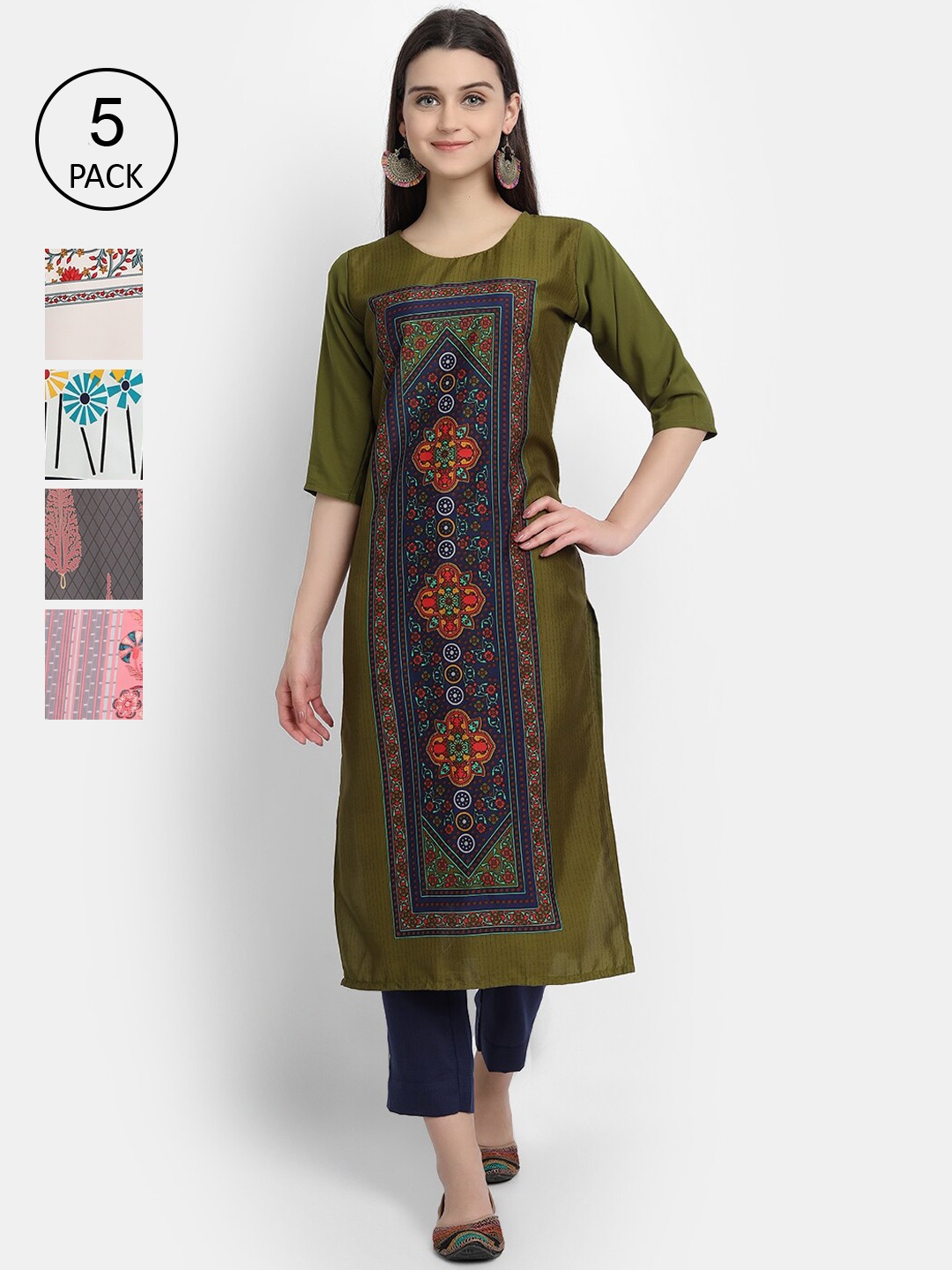 

Ethnic basket Women Pack Of 5 Ethnic Motifs Printed Crepe Kurta, Olive
