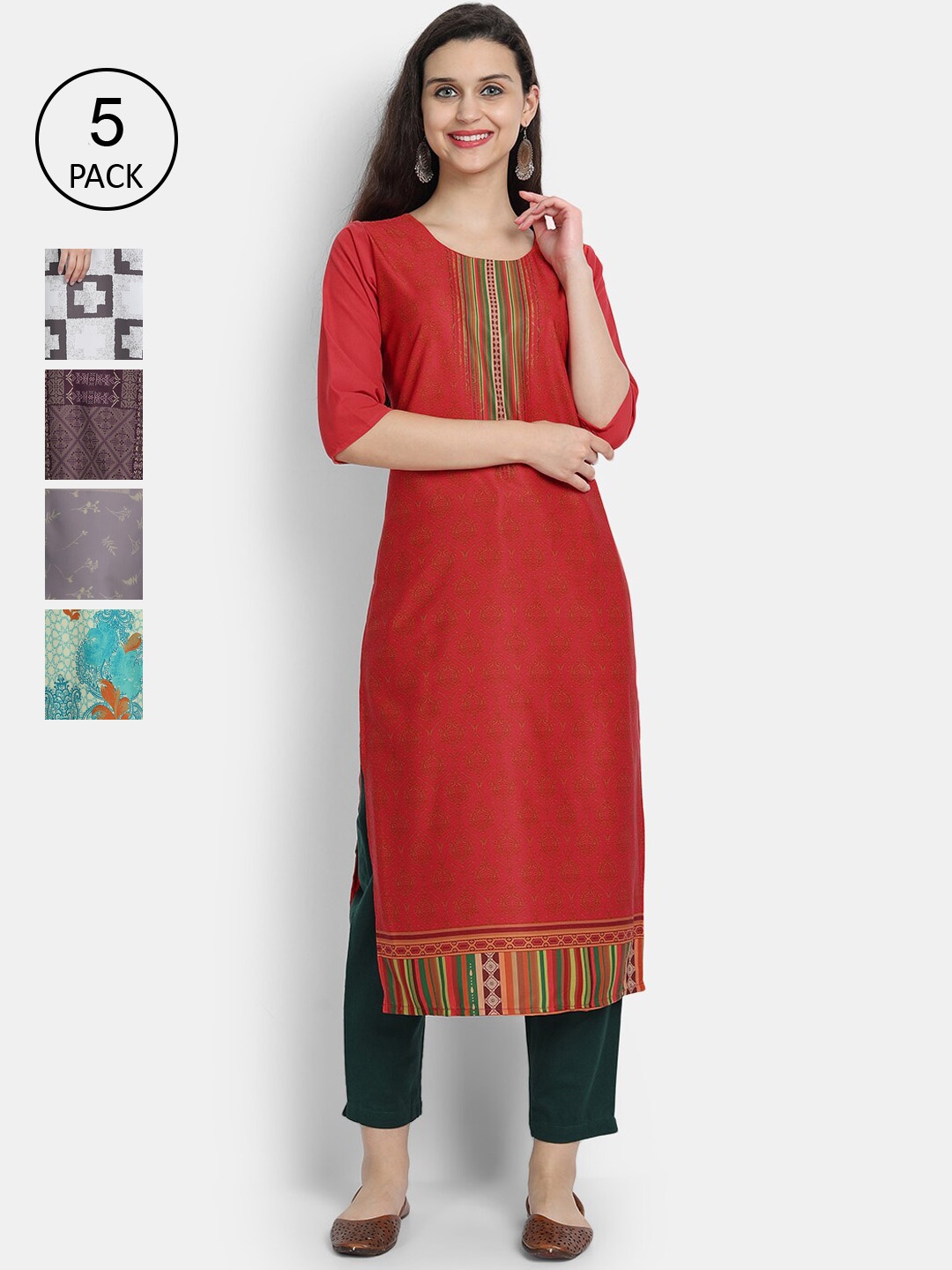 

Ethnic basket Women Set Of 5 Red & White Geometric Printed Crepe Kurta