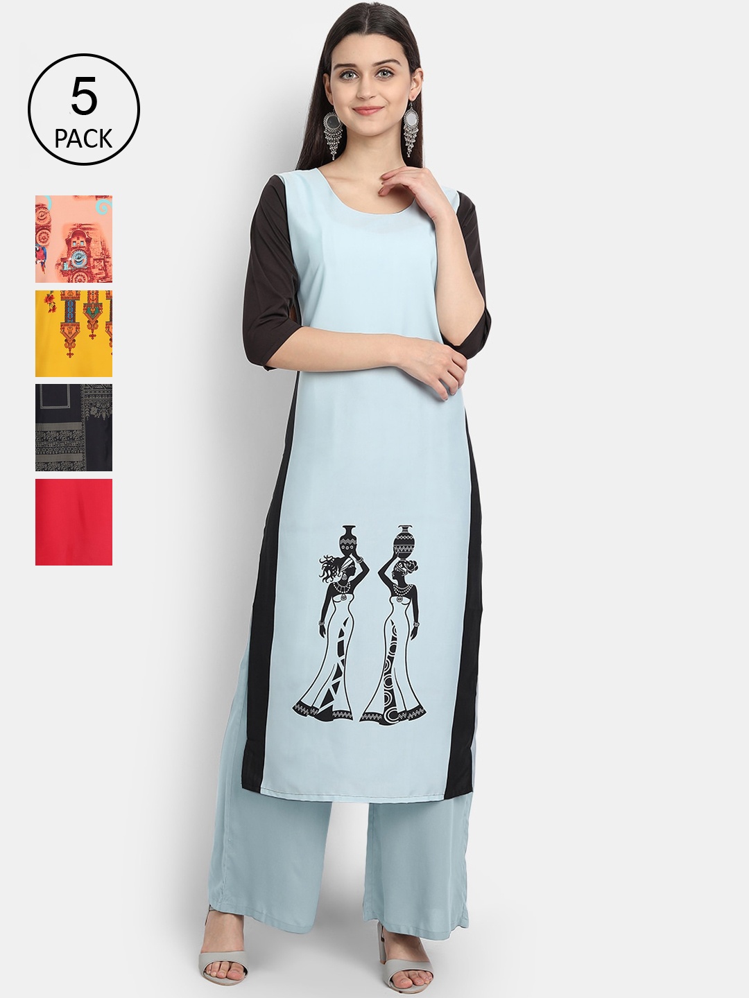 

Ethnic basket Women Pack Of 5 Ethnic Motifs Printed Crepe Kurta, Blue