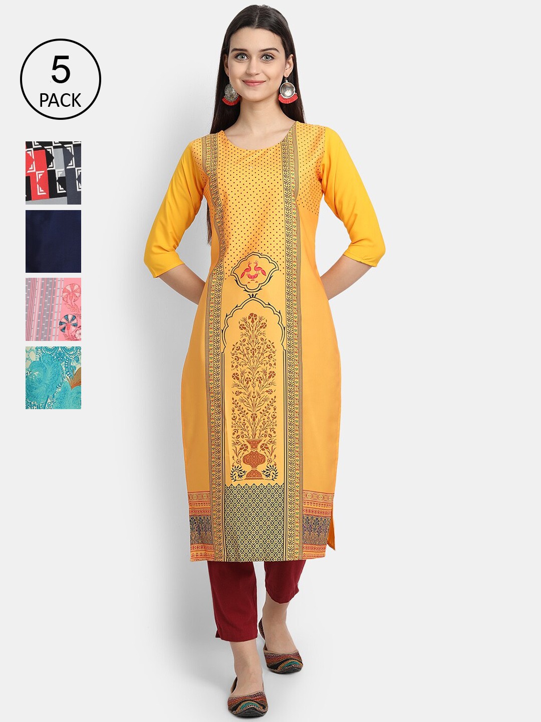 

Ethnic basket Women Pack of 5 Yellow & Red Ethnic Motifs Printed Crepe Kurtas