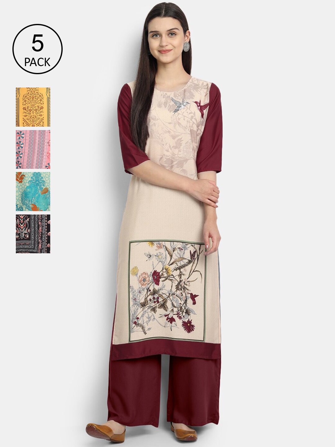 

Ethnic basket Women Pack of 5 Multicoloured Ethnic Motifs Printed Crepe Kurtas, Multi