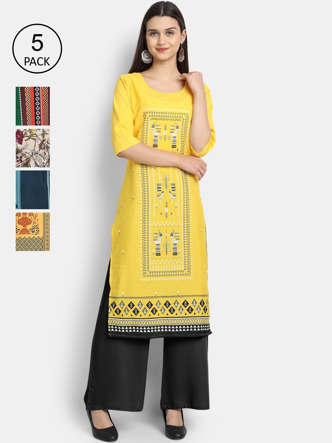

Ethnic basket Women Multicoloured Set Of 5 Ethnic Motifs Crepe Kurta, Multi