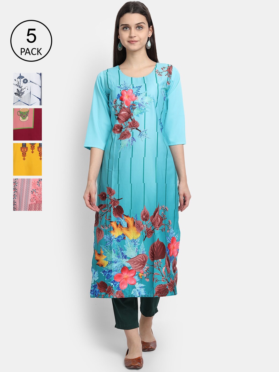 

Ethnic basket Women Pack of 5 Multicoloured Floral Printed Crepe Kurtas, Multi