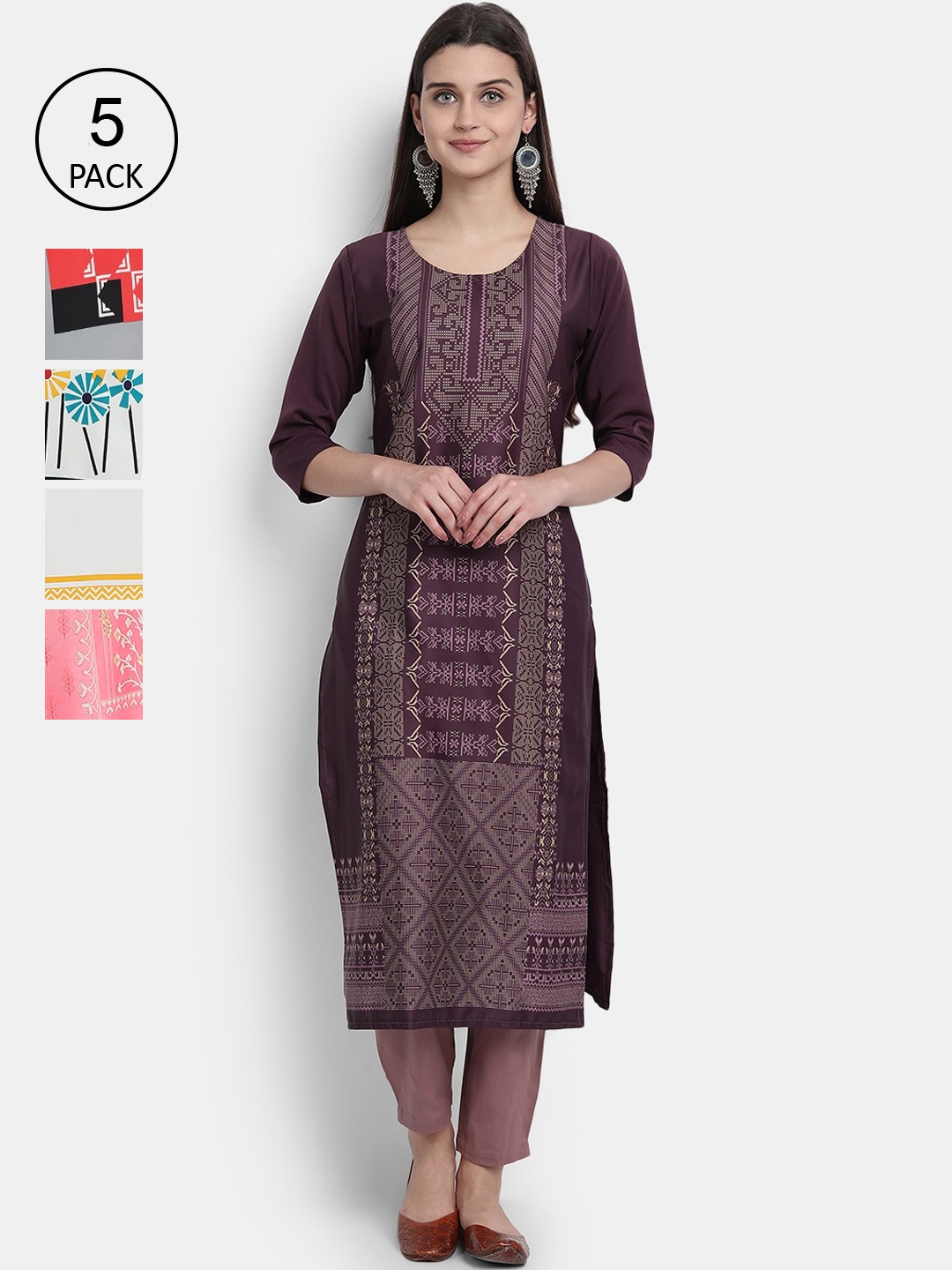 

Ethnic basket Women Pack Of 5 Digital Printed Crepe Kurta, Purple