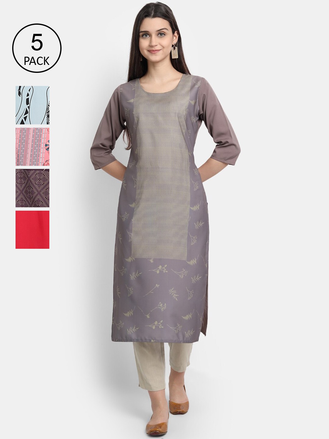 

Ethnic basket Women Set Of 5 Grey & Red Floral Printed Crepe Kurta