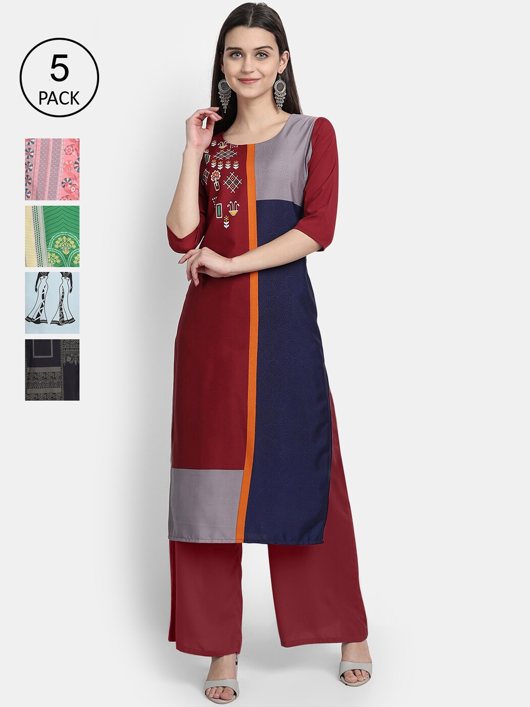 

Ethnic basket Women Maroon & Peach-Coloured Ethnic Motifs Printed Crepe Kurta Pack Of 5