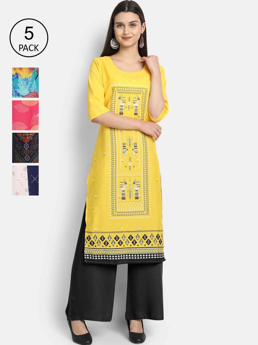 

Ethnic basket Women Multicoloured Set Of 5 Ethnic Motifs Printed Crepe Kurta, Multi
