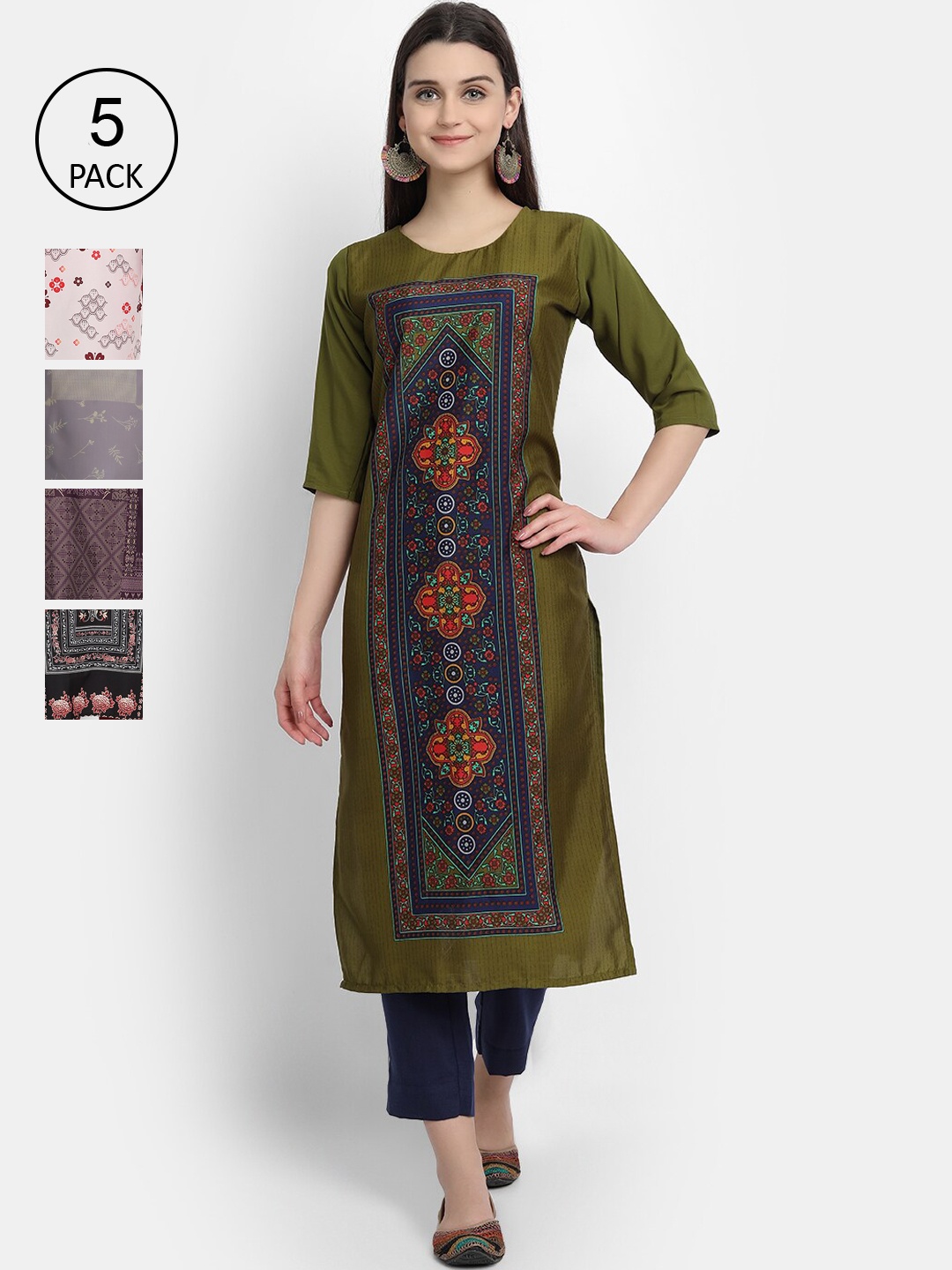 

Ethnic basket Women Olive Green & Grey Floral Printed Crepe Kurta Pack Of 5