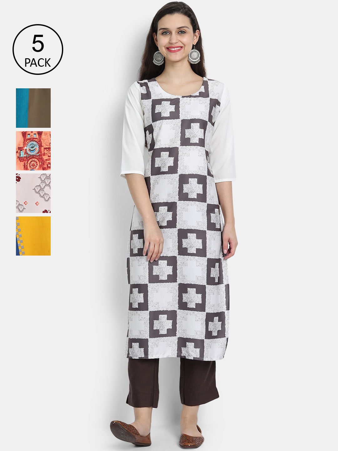 

Ethnic basket Women White & Yellow Printed Crepe Kurta Pack Of 5