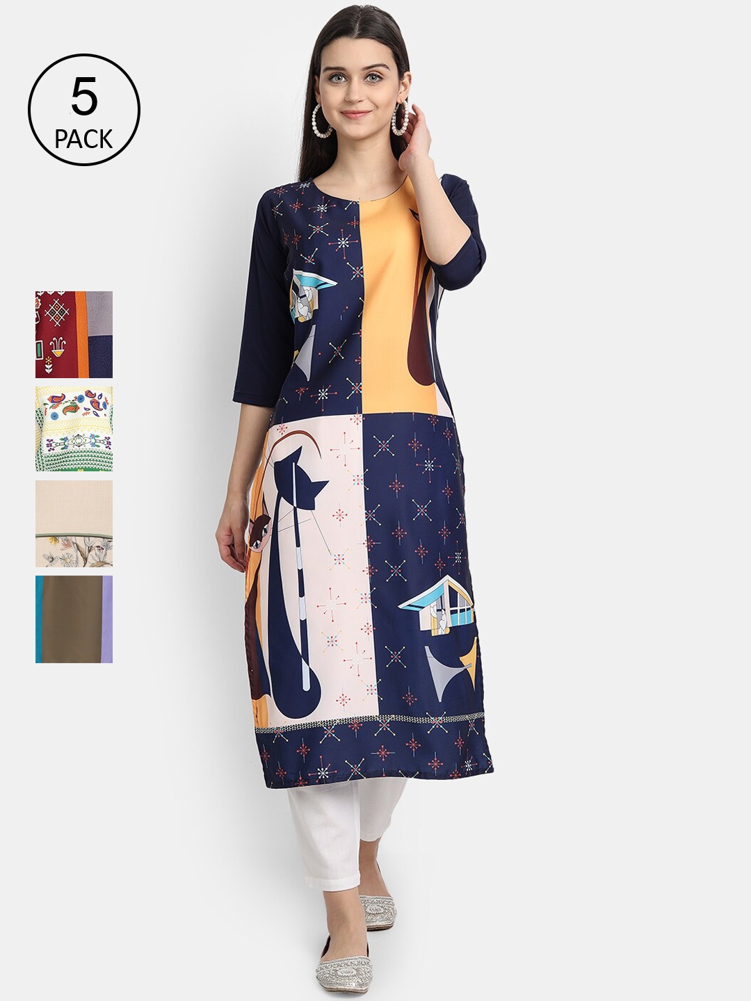 

Ethnic basket Women Navy Blue & Beige Printed Kurta