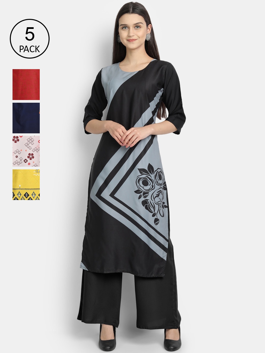 

Ethnic basket Women Set Of 5 Multicoloured Floral Printed Crepe Kurta, Multi