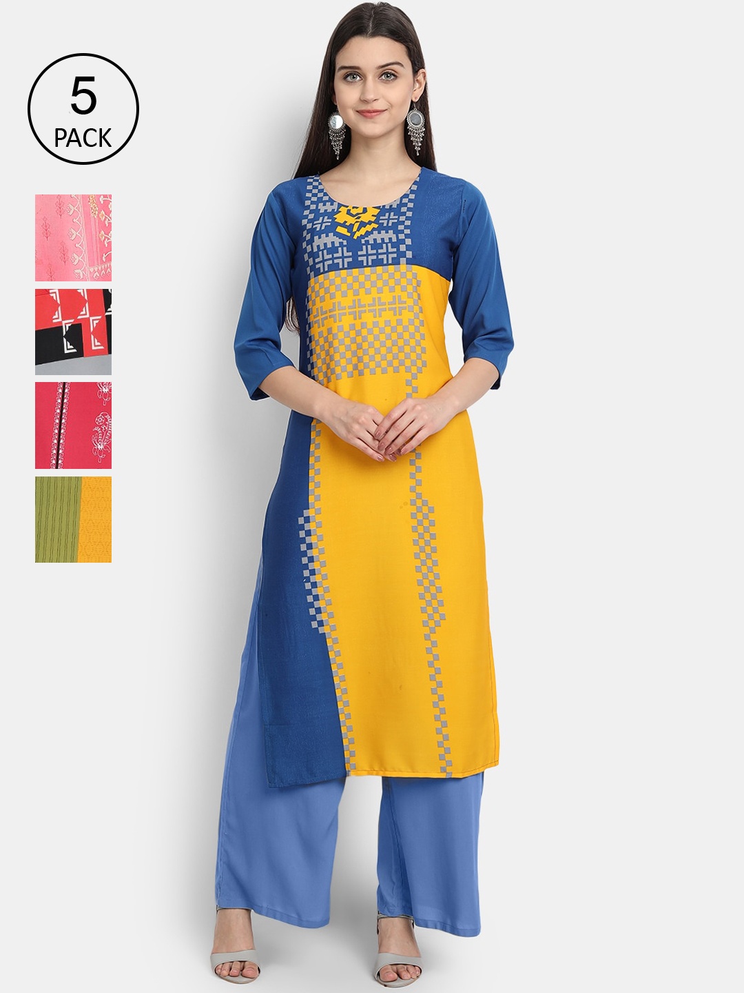 

Ethnic basket Women Pack of 5 Blue & Yellow Geometric Printed Crepe Kurtas