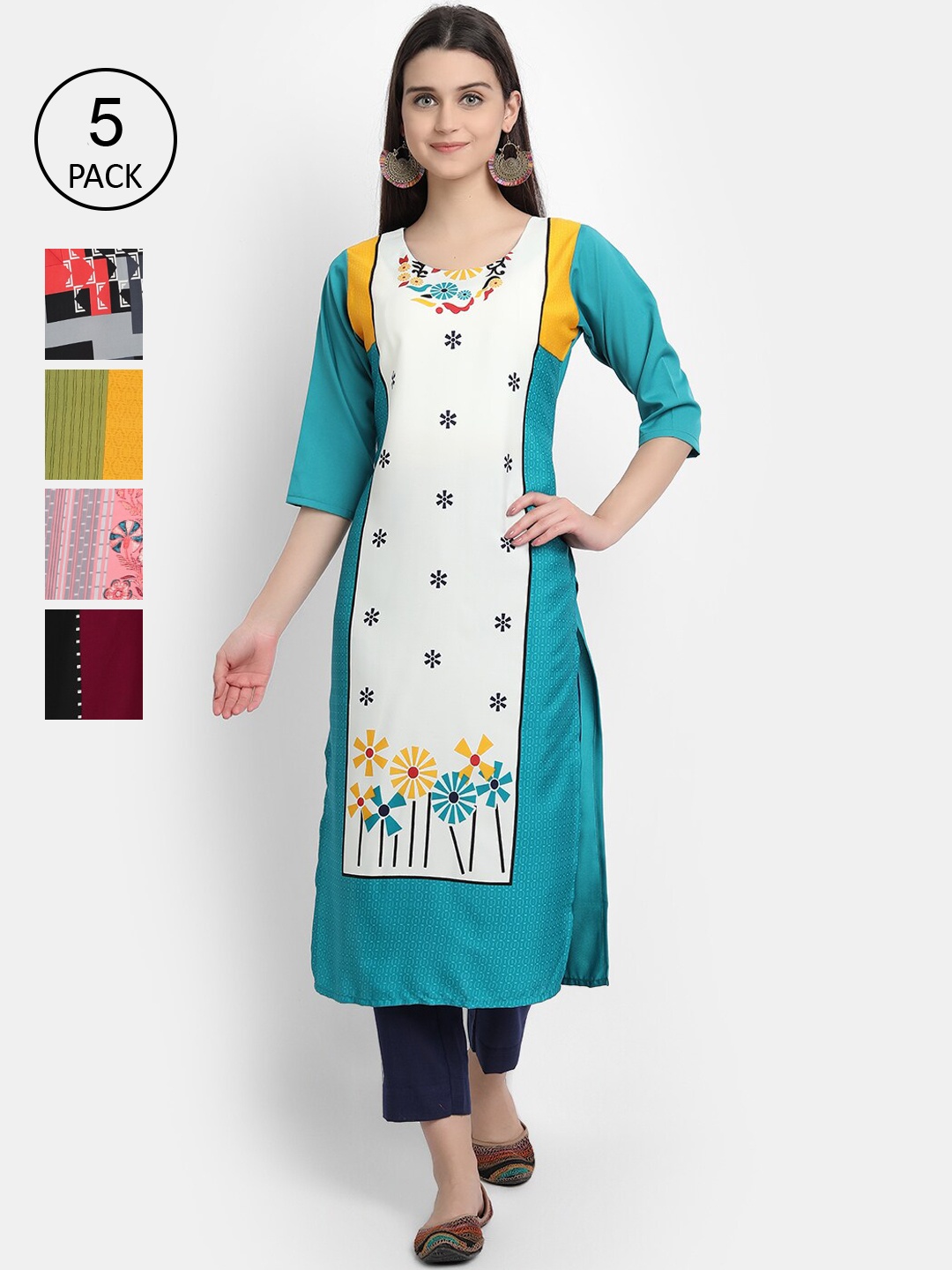 

Ethnic basket Women Teal & Peach-Coloured Ethnic Motifs Printed Crepe Kurta Pack Of 5