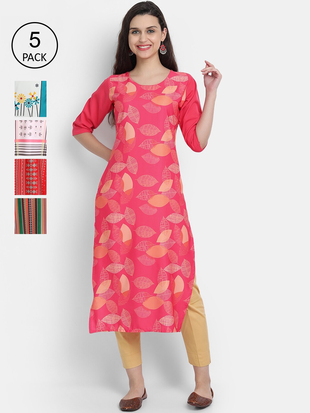 

Ethnic basket Women Pack Of 5 Pink & White Printed Crepe Kurta
