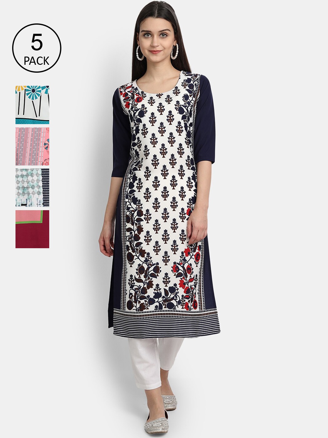 

Ethnic basket Women Pack Of 5 Digital Printed Crepe Kurta, White