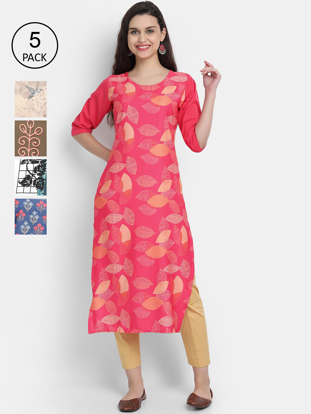 

Ethnic basket Women Set Of 5 Pink & Blue Floral Printed Crepe Kurta