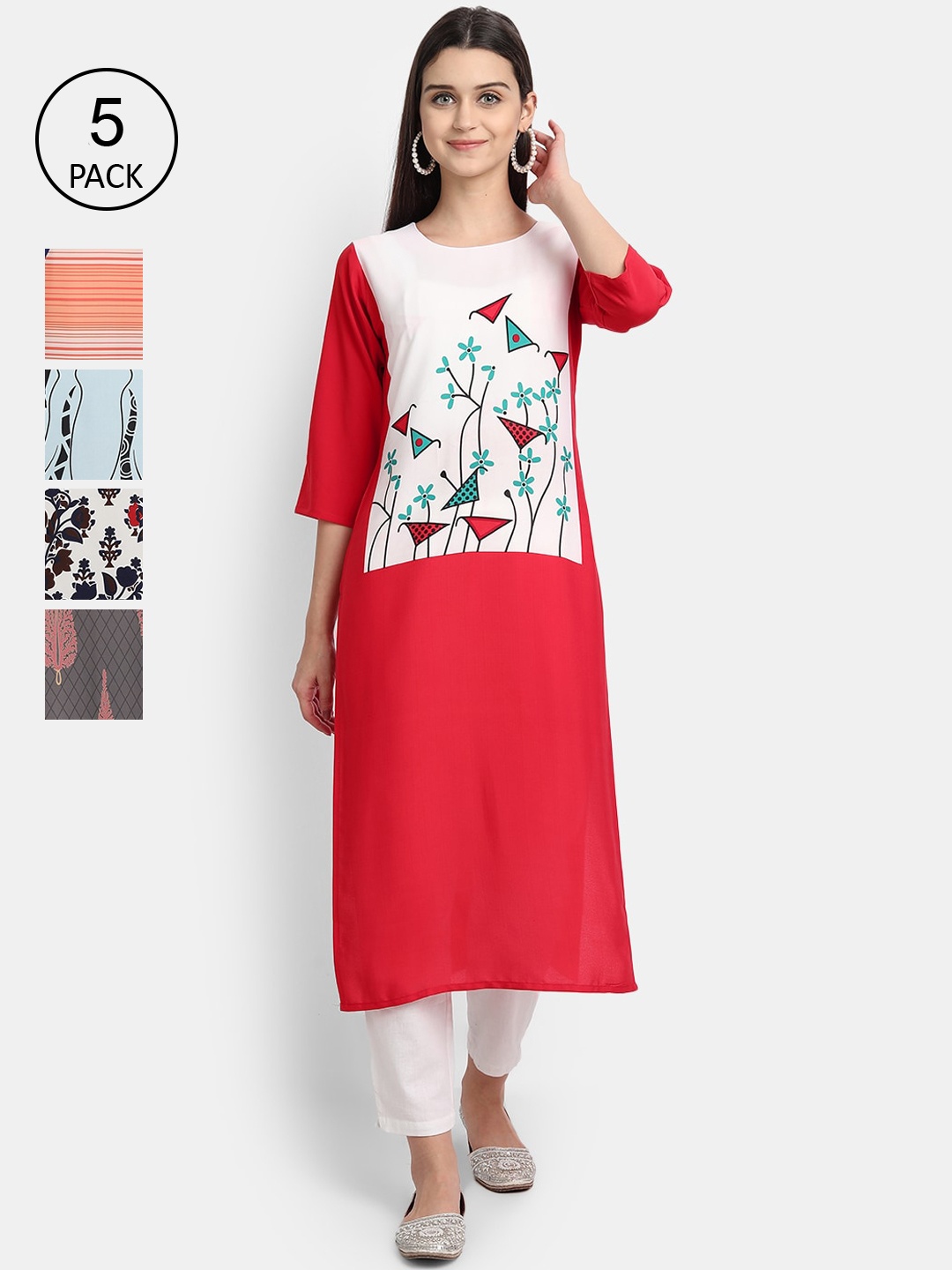 

Ethnic basket Pack Of 5 Ethnic Motifs Printed Crepe Kurta, Red