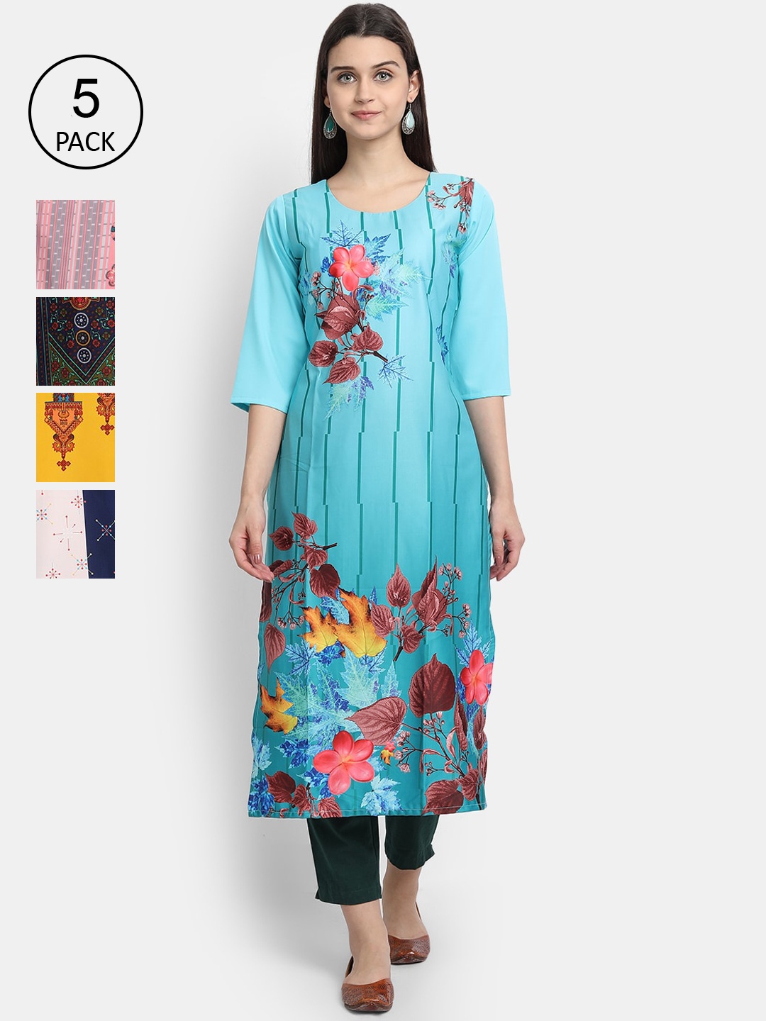 

Ethnic basket Women Pack Of 5 Printed Crepe Kurta, Blue