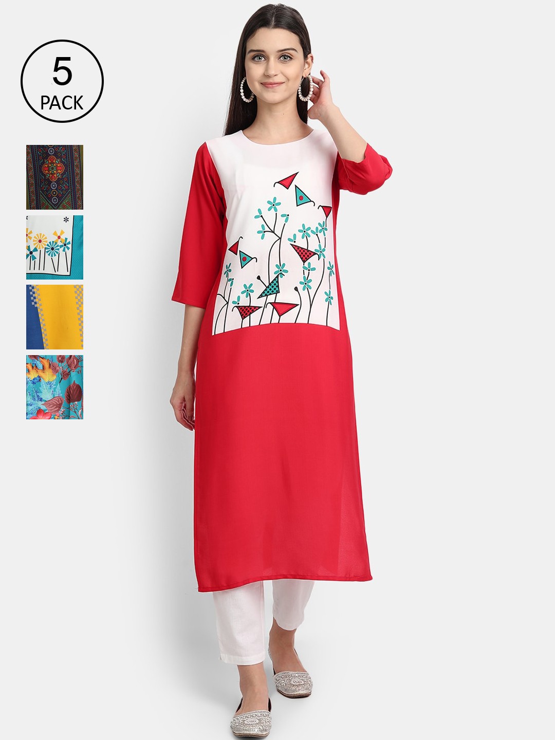 

Ethnic basket Women Pack Of 5 Printed Crepe Kurta, Red
