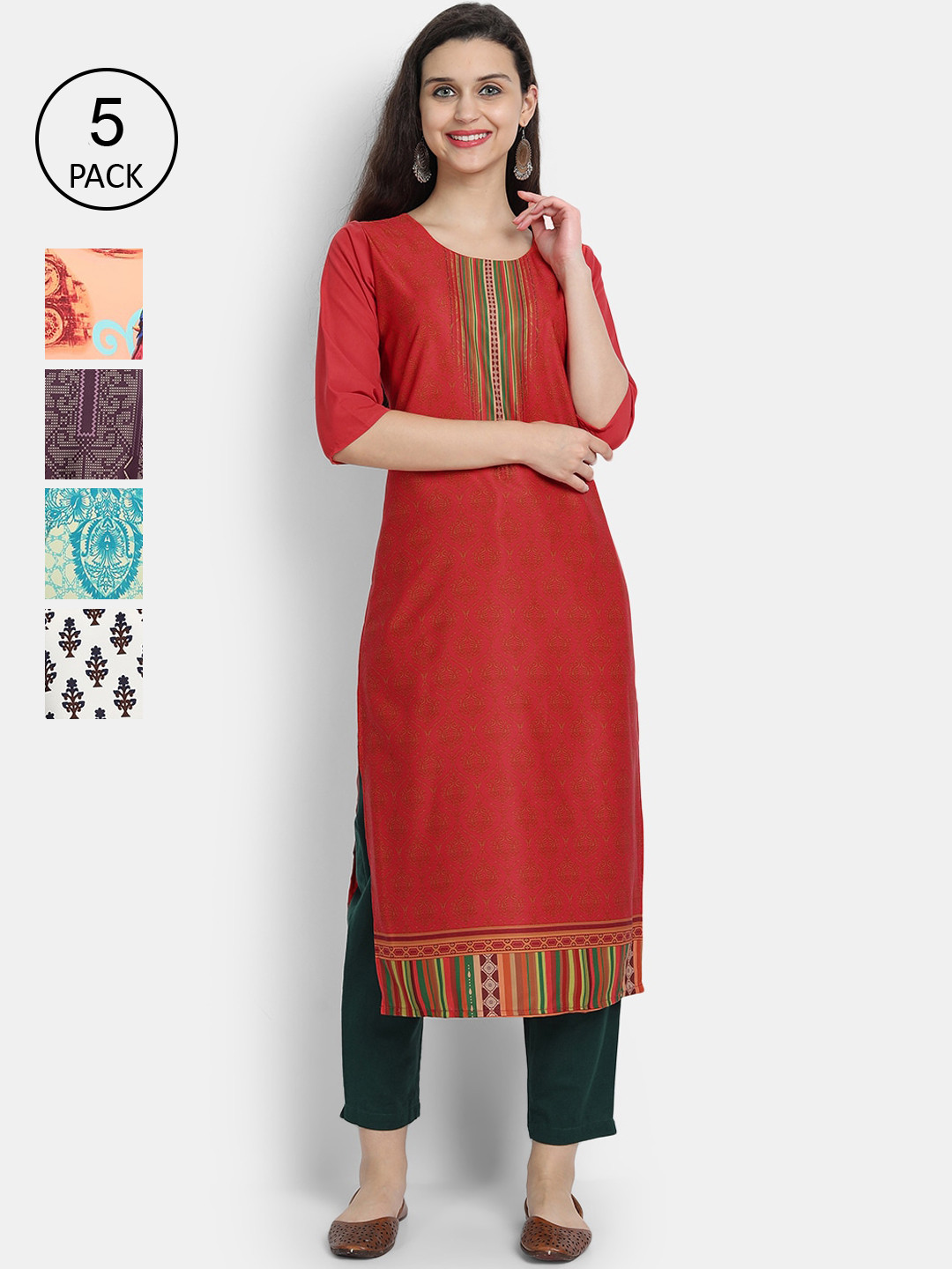 

Ethnic basket Women Pack Of 5 Floral Printed Crepe Kurta, Red