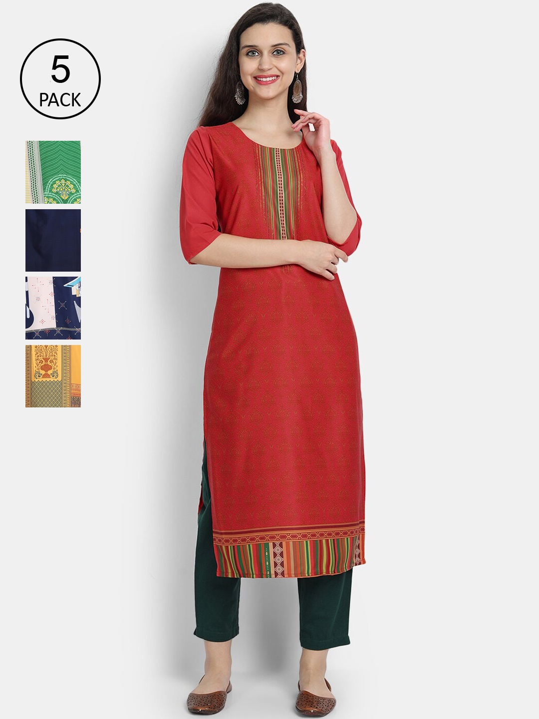 

Ethnic basket Women Pack of 5 Red & Green Geometric Printed Crepe Kurtas