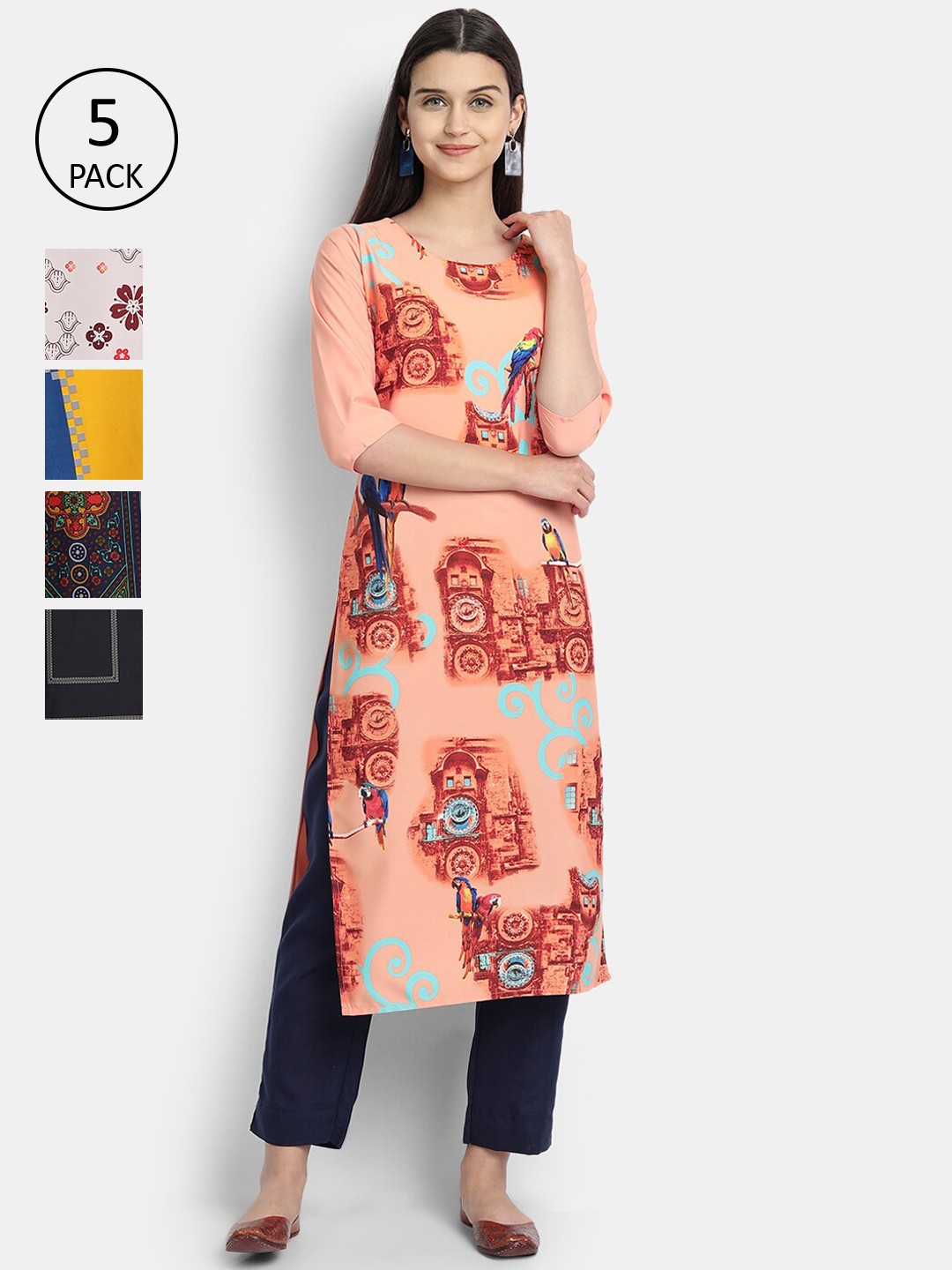 

Ethnic basket Women Pack Of 5 Digital Printed Crepe Kurta, Green