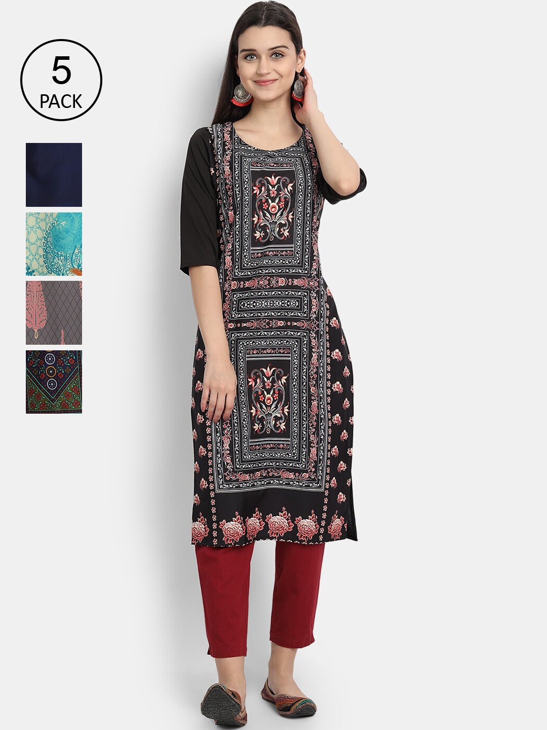 

Ethnic basket Women Pack Of 5 Blue Floral Printed Crepe Kurta, Black
