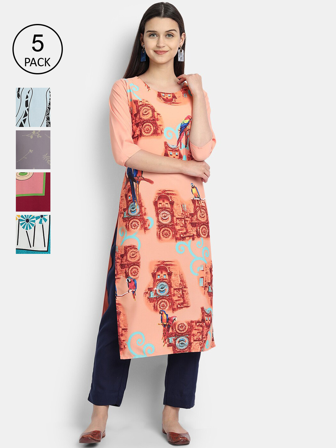 

Ethnic basket Women Multicoloured Set Of 5 Floral Printed Crepe Kurta, Multi