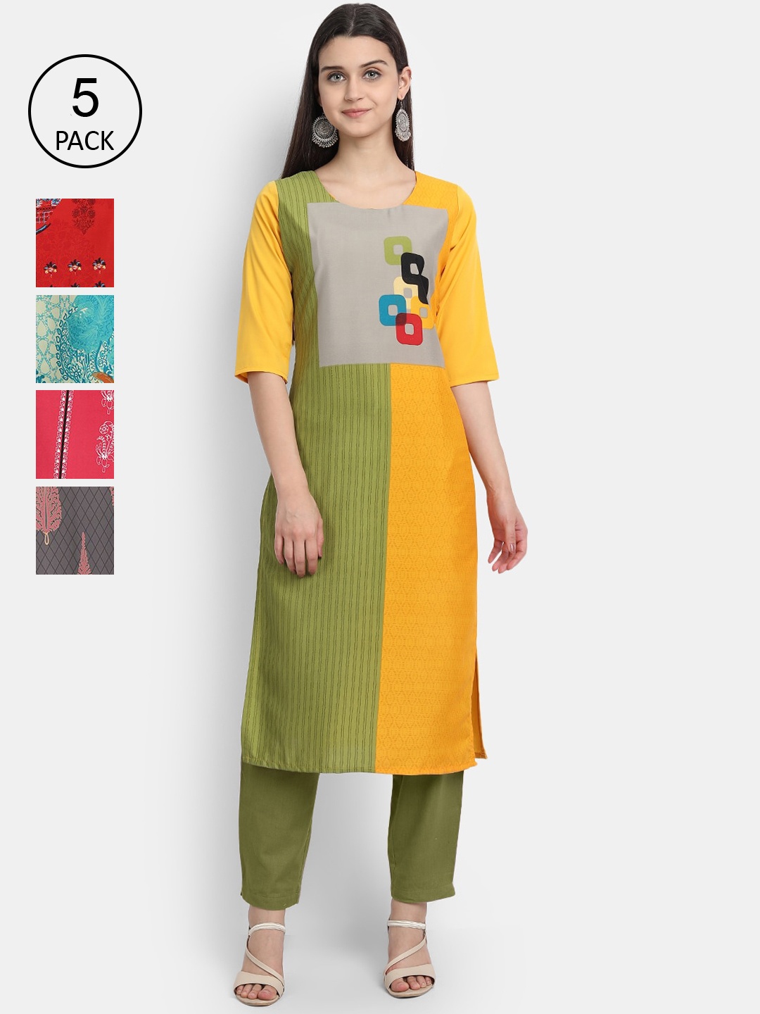 

Ethnic basket Women Pack Of 5 Printed Crepe Kurta, Yellow