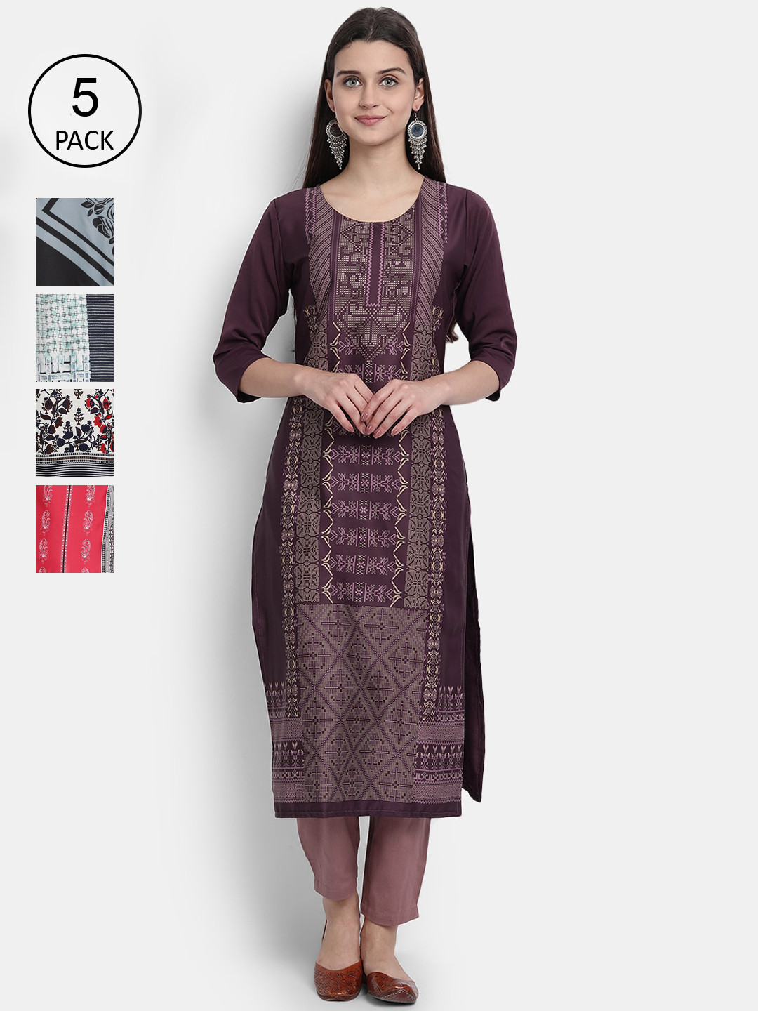 

Ethnic basket Women Burgundy & Peach-Coloured Ethnic Motifs Printed Crepe Kurta Pack Of 5