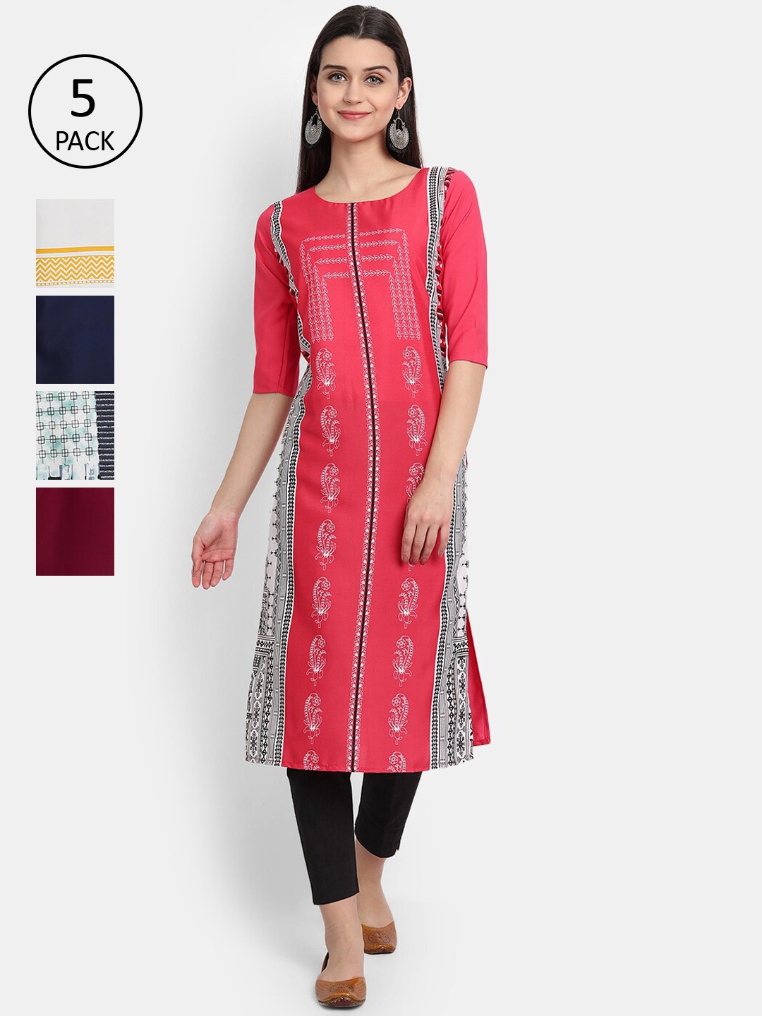 

Ethnic basket Women Pack of 5 Peach-Coloured & Maroon Floral Printed Crepe Kurtas