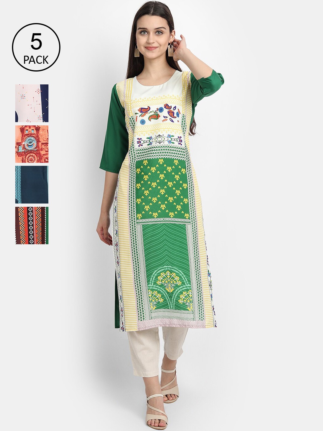 

Ethnic basket Women Set Of 5 Multicoloured Ethnic Motifs Printed Crepe Kurta, Multi